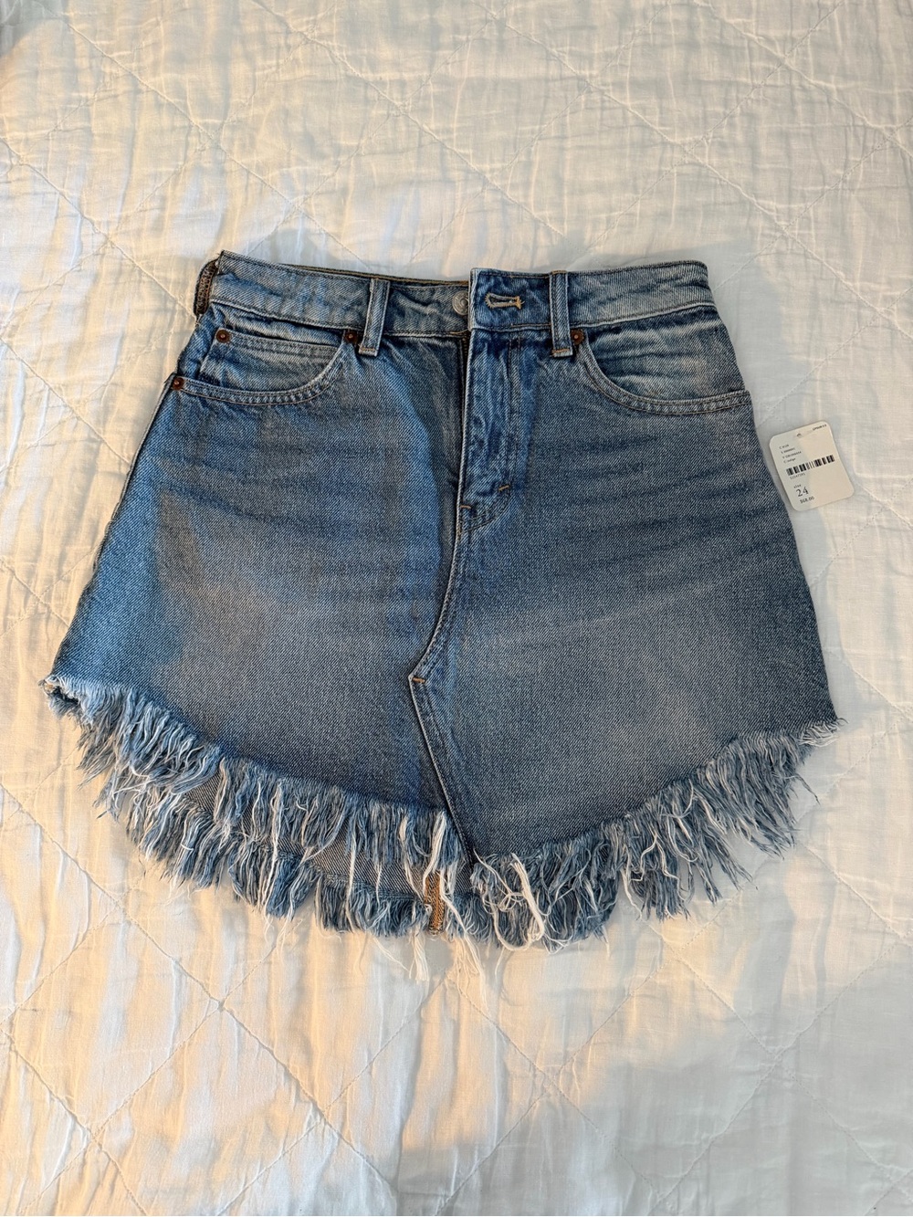 FREE PEOPLE Classic Frayed Hem Denim Skirt - Light Blue